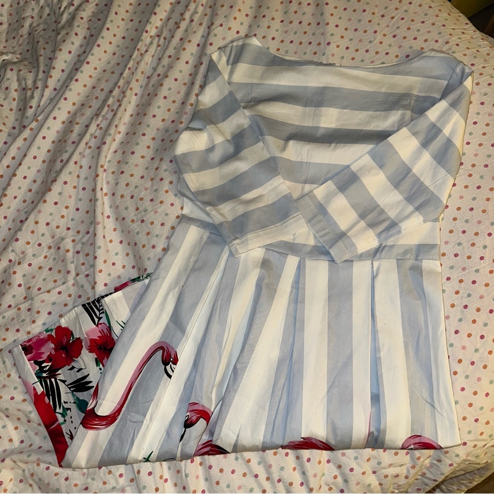 50s Style Flamingo Dress - XL - Blue Striped - New Without Tags - Retro Look